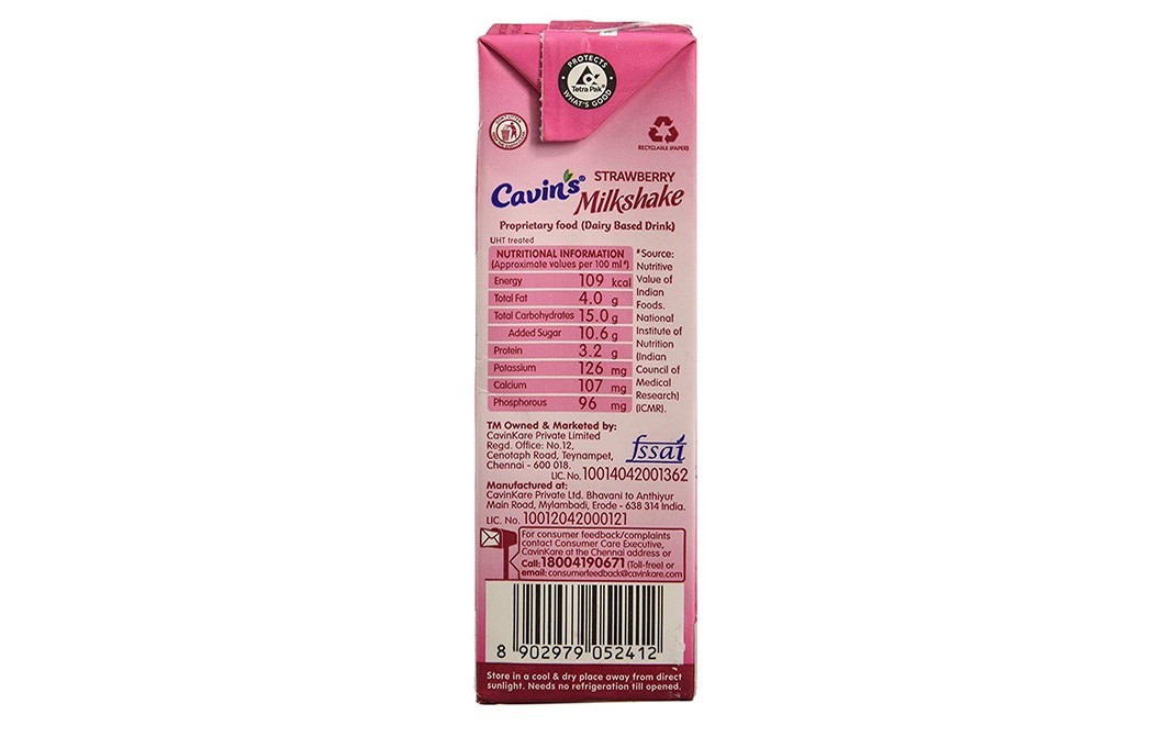 Cavin's Strawberry Milkshake    Tetra Pack  180 millilitre